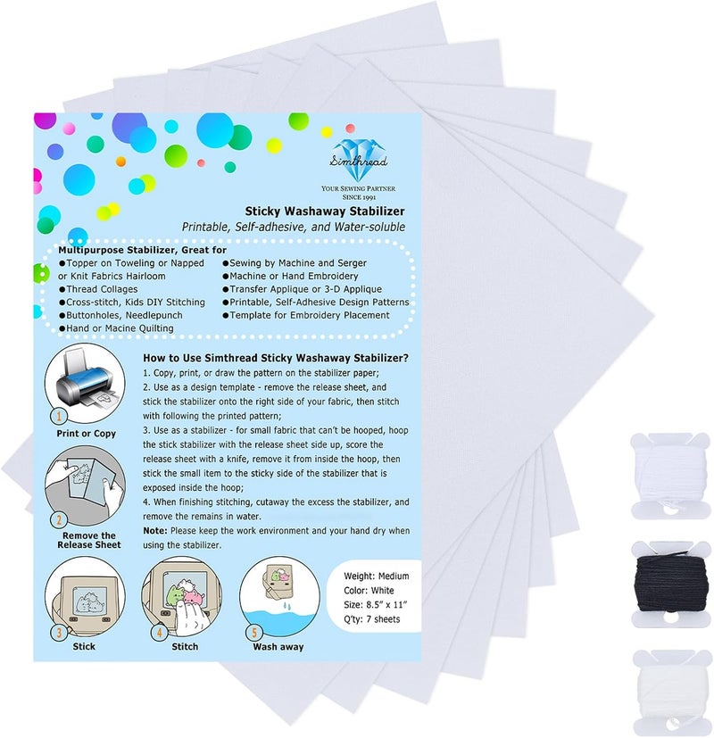 simthread Sticky Wash Away Embroidery Stabilizer Self-Adhesive Printable A4 Size Paper Stabilizer Medium Weight 1.4OZ 8.5" x 11" 7pcs / Pack - Image 1